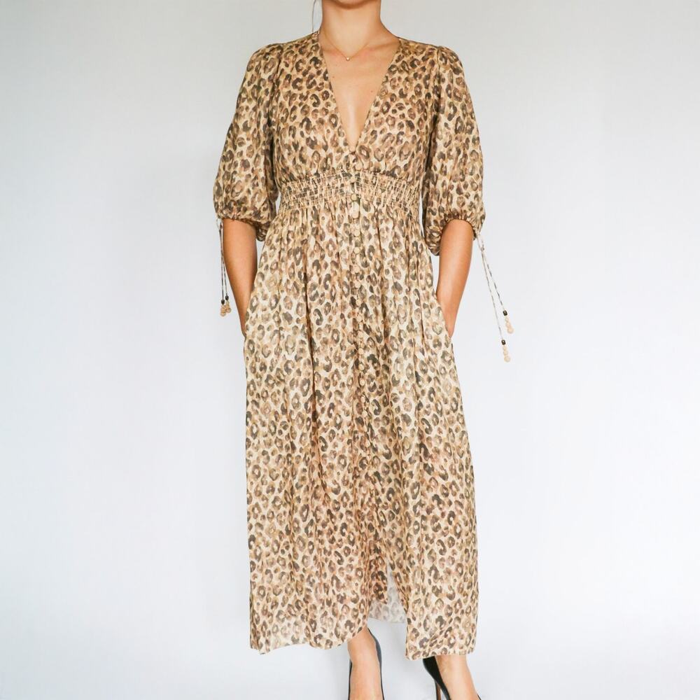 Zimmermann Melody Leopard Print Linen Midi Dress Size 0